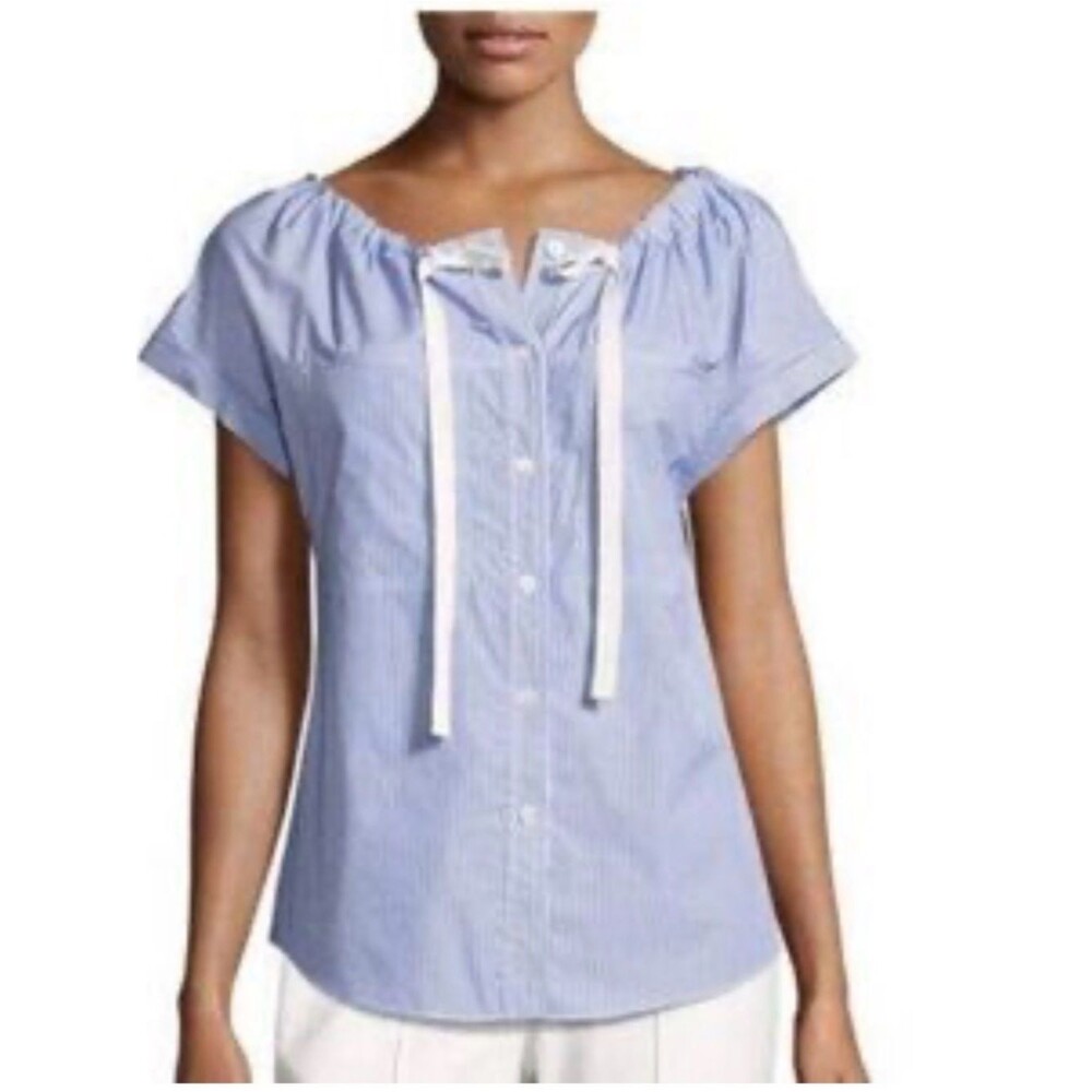 Theory Light Blue Striped Off-Shoulder Button Down Top